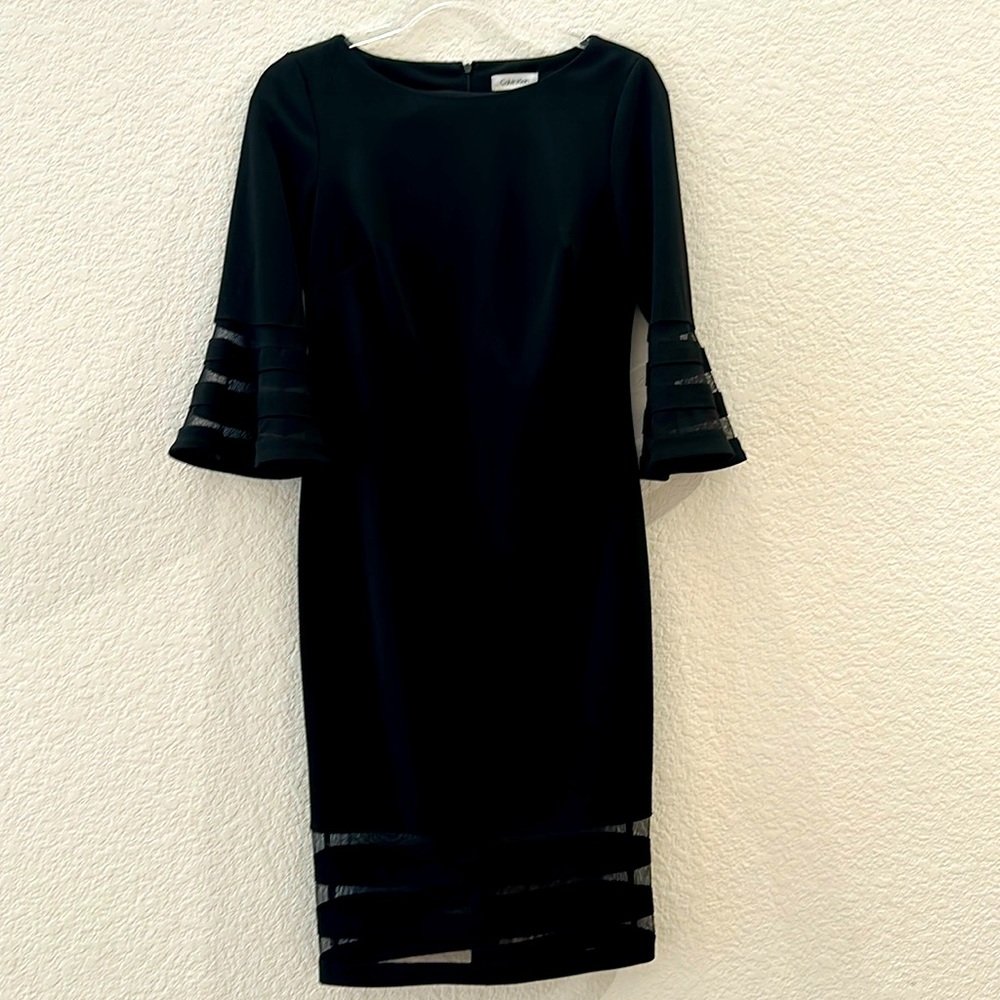 Black 3/4 bell sleeve boat neck sheath Dress